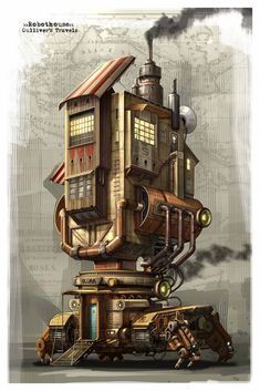 Robot House, Steampunk Building, 2d Concept Art, Steampunk Vehicle, Steampunk City, Steampunk House, Props Concept, Building Concept, Game Concept Art