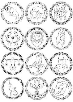 twelve zodiac signs in the style of art nouveau, vintage line drawing or engraving illustration