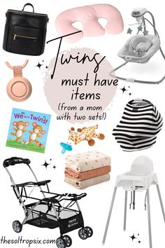 a collage of items including a baby's stroller, books and toys