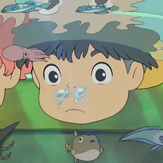 an animated image of a young boy looking at fish in the water with his hands on his head