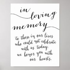 a poster with the words in loving memory on it, and an image of a handwritten