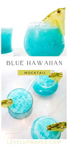 blue hawaiian cocktail with pineapple garnish on the rim and two glasses filled with it