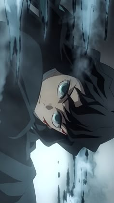 an anime character with black hair and blue eyes is staring at something in the air