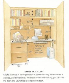 an office in a closet is shown with measurements