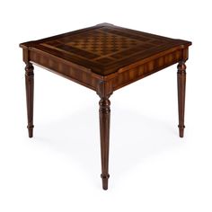 a wooden table with a chess board on it's top and two legs at the base