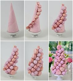 there are several pictures of different cakes made to look like trees and cones on top of each other