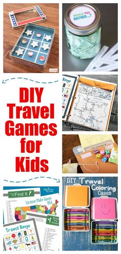 several different pictures with the words diy travel games for kids