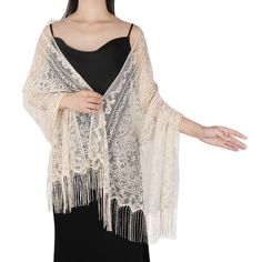 Color: Cashew Beige Size: 72.8” X 24.8” (185 63 Cm) 100% Polyester Imported No Closure Closure Hand Wash Only Delightful Design: This Long Lace Shawl Is With Traditional Classic Cashew Crochet Pattern And Beautiful Fringe Decoration On Each Side Conforms To The Current Fashion Trend. This Soft Shawl Will Showcasing Your Individual Taste And Flair. The Various Colors Meet The Needs Of Different Garments On Various Occasions. Suitable Size: This Soft Lace Shawl Is With Excellent Coverage And Sufficient Length.Measurement: 72.8” X 24.8” (185 63 Cm). This Superb Coverage And Adequate Length Is Perfect For Cover Arms And Shoulders. Compared To A Normal Shawl, You Can Swing Yo Chic Beige Shawl For Spring, Elegant Spring Beach Shawl, Elegant Beige Shawl For Spring, Fitted Vintage Shawl, Fitted Shawl For Summer Party, Fitted Shawl Dress For Party, Formal Summer Shawl, Elegant Fitted Lace Shawl, Elegant White Shawl For Spring