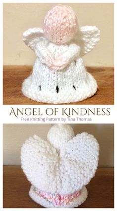 two knitted angel hats sitting on top of each other with the words angel of kindness above them