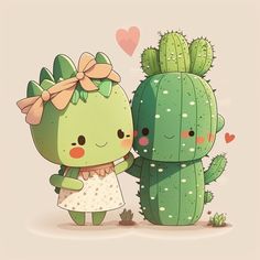 two cute little cactuses standing next to each other with hearts in the sky behind them