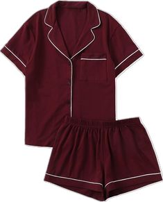 Two Piece Pajama Set, Cute Sleepwear, Cute Pajama Sets, Short Pj Set, Contrast Piping, Notch Collar