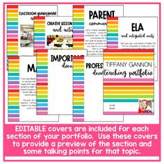 several different colored papers with the words, editable covers are included for each section of your