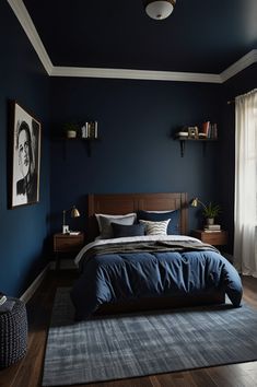 a bedroom with dark blue walls and wooden furniture, including a large bed in the middle