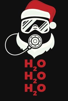 a santa claus with a gas mask and the words h2o in red on a black background