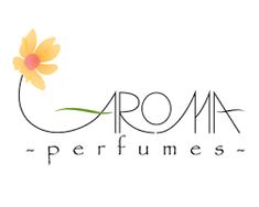 the logo for aroma perfumes with a yellow flower on it's left side