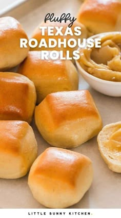 several rolls with peanut butter on them and the words, peupy texas roadhouse rolls