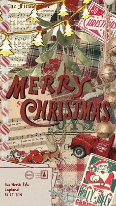 christmas collage with red truck and holly tree on it's side, surrounded by old sheet music