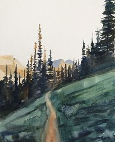 a watercolor painting of a dirt road in the mountains with trees on both sides