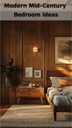 Paneled walls add texture and architectural interest to this mid-century modern bedroom. The vertical lines of the paneling create a sense of height and sophistication, complementing the room�s sleek furniture and decor. Mid Century Wall Panel, Mid Century Wall Molding, Wood Panels In Bedroom, Bedroom Inspirations Master Accent Walls Wood, Dark Mid Century Bedroom, Vertical Wood Slat Wall Bedroom, Bedroom Inspirations Master Accent Walls, Mid Century Bedrooms, Wood Paneled Bedroom