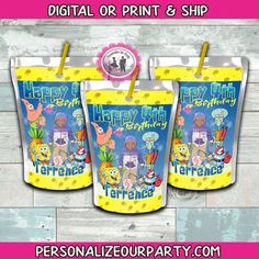 two yellow and blue birthday cups with cartoon characters on them