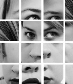 black and white photo of woman's face with multiple squares in the middle to show different facial expressions