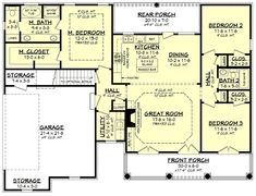 the first floor plan for a house with two master suites and an attached garage area