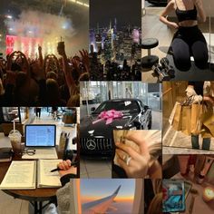 a collage of photos with people, cars, and laptops in the background