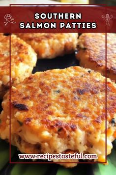 some crab cakes on a plate with the words southern salmon patties above it and below