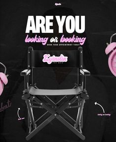 an advertisement with pink headphones sitting in a folding chair and the words are you looking on looking