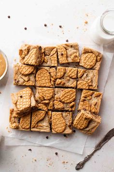 peanut butter bars cut into squares on top of parchment paper next to a cup of coffee