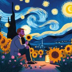 a painting of a man sitting on a bench with sunflowers