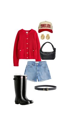 Red cardigan, Abercrombie denim shorts, simple fall outfit, hunter boots outfit, pops of red, outfit for school 🍎 Blue White And Red Outfits, Hunter Boots Outfit 2024, Red Rainboots Outfit, Denim And Red Outfit, Red Accent Outfit, Christmas Day Outfit Women