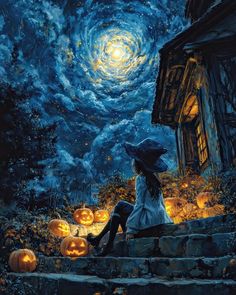 a woman sitting on steps with pumpkins in front of her and the night sky