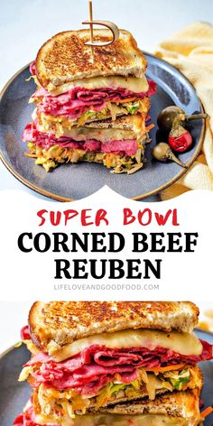 a close up of a sandwich on a plate with the words super bowl corned beef reuben