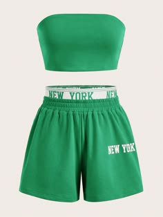 Women's Solid Color Knitted Strapless Top And Letter Printed Shorts Set Green Casual    Letter  Slight Stretch  Women Clothing, size features are:Bust: ,Length: ,Sleeve Length: Short Shorts Outfit Women, Green Fashion Outfits, Crop Tops For Kids, Crop Top Swimsuit, Boxers Women, Jogger Pants Style, Adrette Outfits, Best Friend Outfits, Shorts Outfits Women