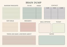 the printable brain dump chart is shown in green and beige colors, with instructions for each