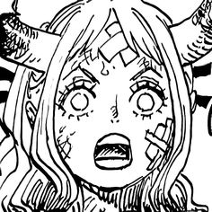 a drawing of a girl with horns on her head and an evil face in the background