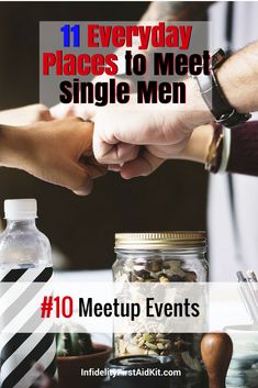 two people shaking hands over a table with bottles and jars on it, the words 11 everyday places to meet single men