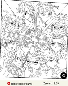 an anime coloring page with many different characters