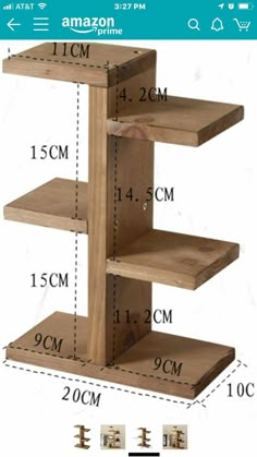 three tiered wooden shelf with measurements for each shelf in the same size and width