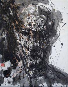 an abstract painting with black and white lines on the face, in front of a gray background