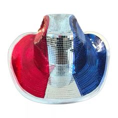 Yeehaw! This disco ball western hat can take you from festivals, to rodeos, to the 4th of July! The fabric cowboy hat has a metallic silver brim and is covered in red, white, and silver glass tiles.