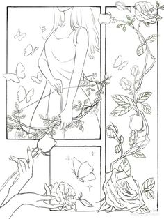 a coloring page with roses and flowers in the window, one woman is holding a rose