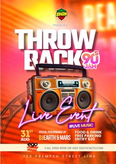 the flyer for this event features an old school radio and neon colored lights, as well as