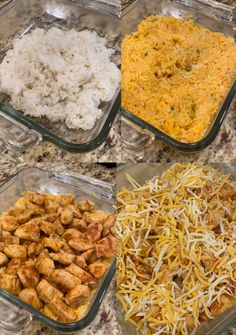 four different dishes with rice and chicken in them