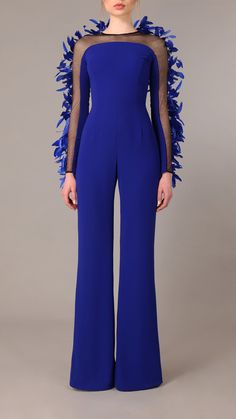 Crepe jumpsuit with feathers Jean-Louis Sabaji Feathered Evening Dresses, Jumpsuit With Feathers, Jumpsuit Couture, Dinner Gown, Jumpsuit Long, Evening Jumpsuit, Crepe Jumpsuit, Wedding Dress Guide, Blue Jumpsuit