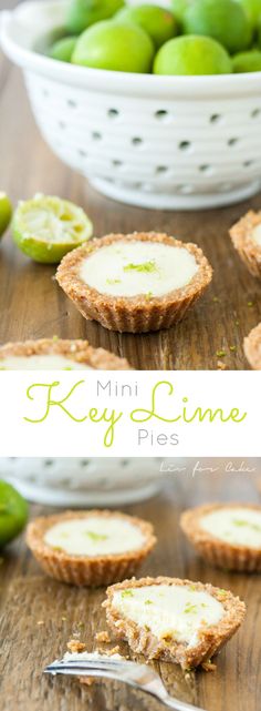 mini key lime pies are on a wooden table with lemons in the background