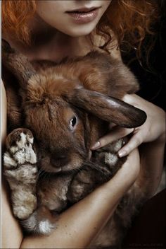 a woman holding a rabbit in her arms