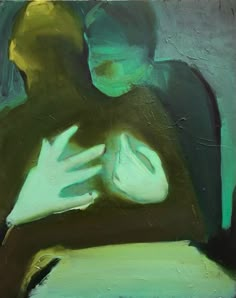 an abstract painting of a person with their hands on his chest and the other hand in front of him