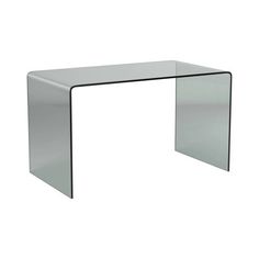 a glass table with a metal frame on the top and bottom, against a white background